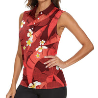 Red Banana Leaf Hawaii Women Sleeveless Polo Shirt Lau Maia Plumeria Tropical Summer Vibes LT14 - Polynesian Pride