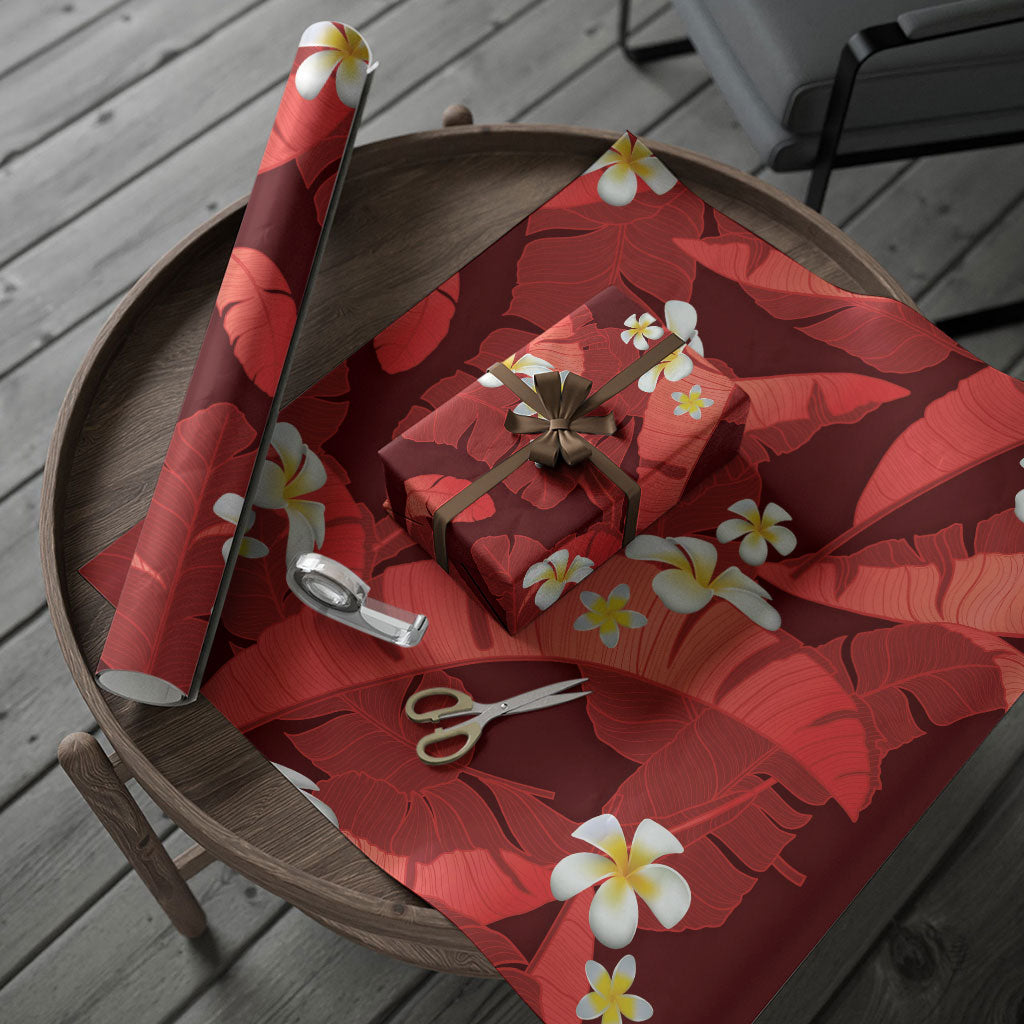 Red Banana Leaf Hawaii Wrapping Paper Lau Maia Plumeria Tropical Summer Vibes LT14 - Polynesian Pride