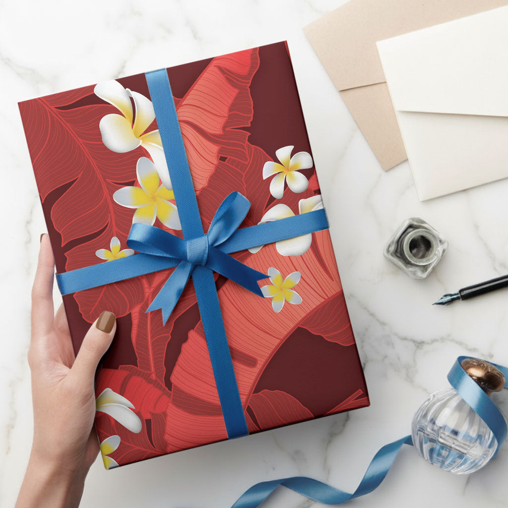 Red Banana Leaf Hawaii Wrapping Paper Lau Maia Plumeria Tropical Summer Vibes LT14 - Polynesian Pride