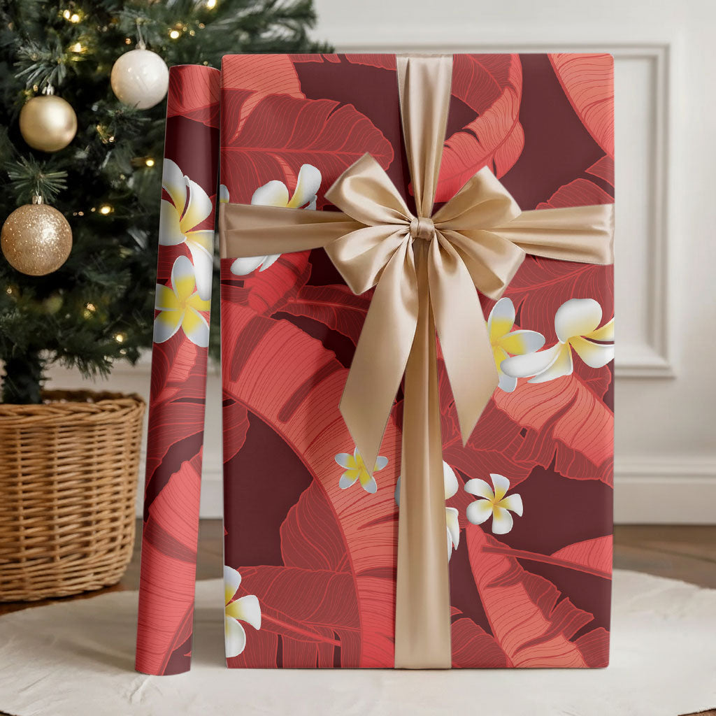 Red Banana Leaf Hawaii Wrapping Paper Lau Maia Plumeria Tropical Summer Vibes LT14 - Polynesian Pride