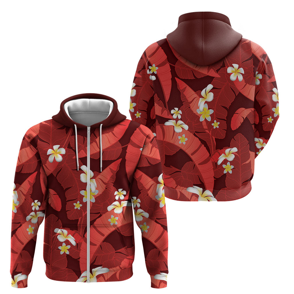 Red Banana Leaf Hawaii Zip Hoodie Lau Maia Plumeria Tropical Summer Vibes LT14 - Polynesian Pride