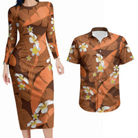 Orange Banana Leaf Hawaii Couples Matching Long Sleeve Bodycon Dress and Hawaiian Shirt Lau Maia Plumeria Tropical Summer Vibes LT14 Orange - Polynesian Pride