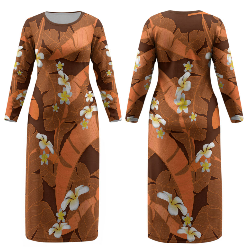 Orange Banana Leaf Hawaii Couples Matching Long Sleeve Bodycon Dress and Hawaiian Shirt Lau Maia Plumeria Tropical Summer Vibes LT14 - Polynesian Pride