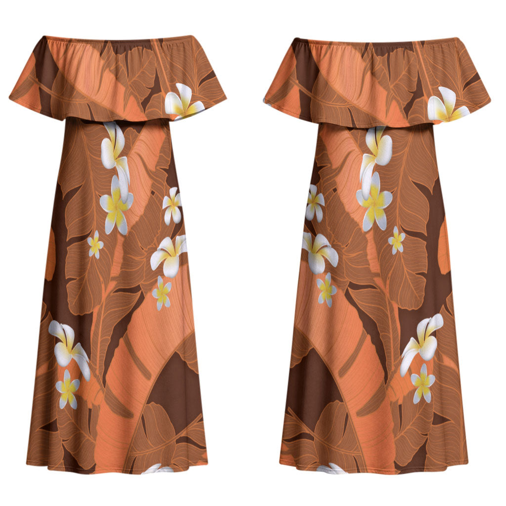 Orange Banana Leaf Hawaii Couples Matching Off Shoulder Maxi Dress and Hawaiian Shirt Lau Maia Plumeria Tropical Summer Vibes LT14 - Polynesian Pride
