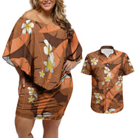 Orange Banana Leaf Hawaii Couples Matching Off Shoulder Short Dress and Hawaiian Shirt Lau Maia Plumeria Tropical Summer Vibes LT14 Orange - Polynesian Pride