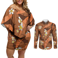 Orange Banana Leaf Hawaii Couples Matching Off Shoulder Short Dress and Long Sleeve Button Shirt Lau Maia Plumeria Tropical Summer Vibes LT14 Orange - Polynesian Pride