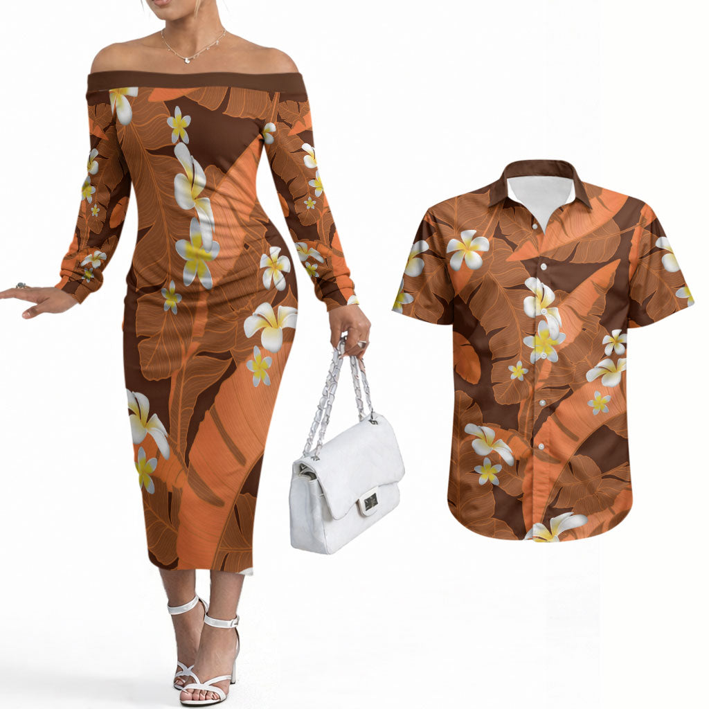 Orange Banana Leaf Hawaii Couples Matching Off The Shoulder Long Sleeve Dress and Hawaiian Shirt Lau Maia Plumeria Tropical Summer Vibes LT14 Orange - Polynesian Pride