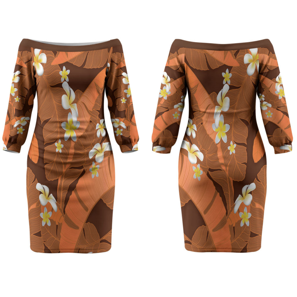 Orange Banana Leaf Hawaii Couples Matching Off The Shoulder Long Sleeve Dress and Long Sleeve Button Shirt Lau Maia Plumeria Tropical Summer Vibes LT14 - Polynesian Pride
