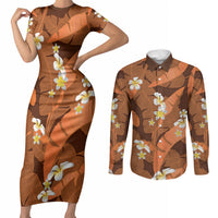 Orange Banana Leaf Hawaii Couples Matching Short Sleeve Bodycon Dress and Long Sleeve Button Shirt Lau Maia Plumeria Tropical Summer Vibes LT14 Orange - Polynesian Pride