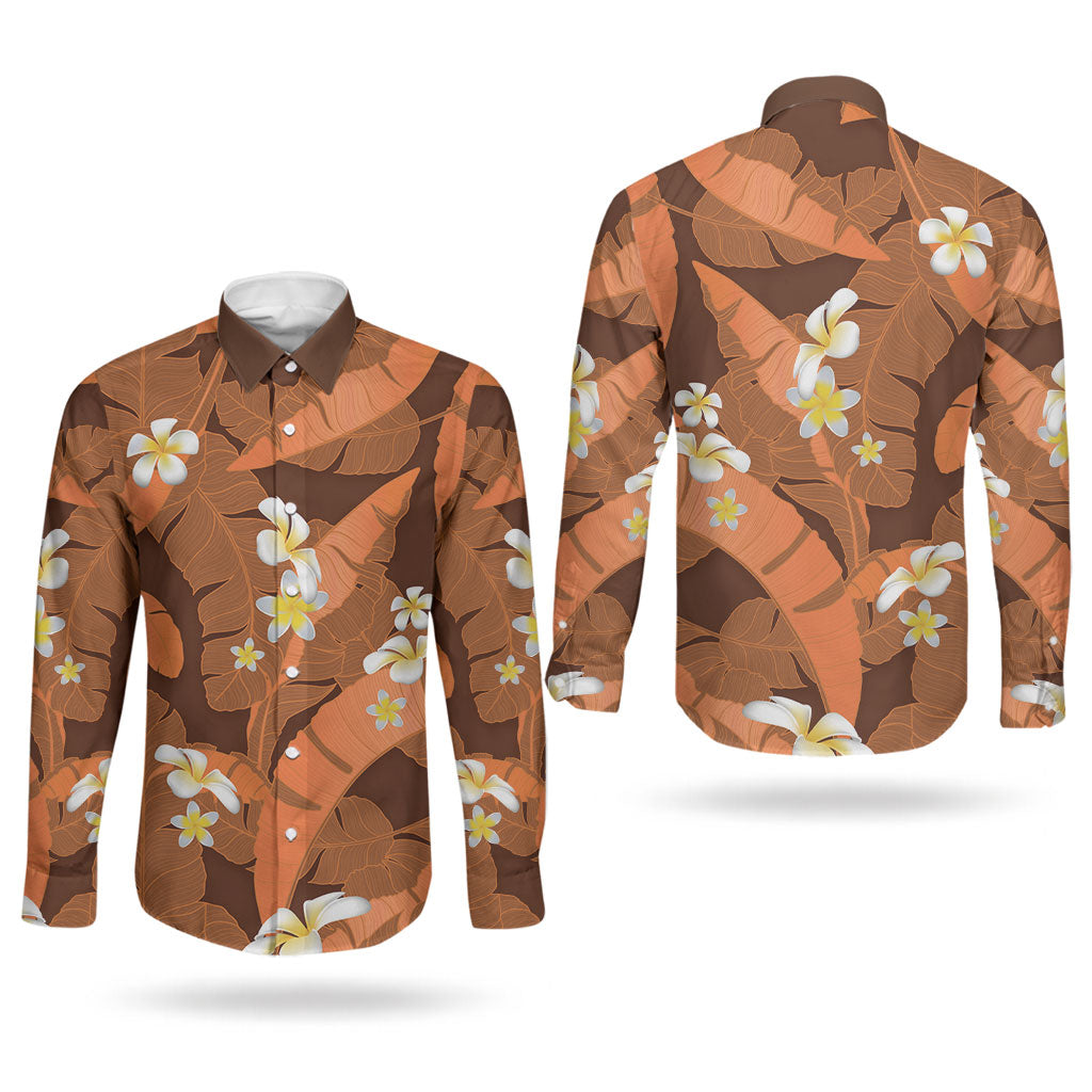 Orange Banana Leaf Hawaii Couples Matching Short Sleeve Bodycon Dress and Long Sleeve Button Shirt Lau Maia Plumeria Tropical Summer Vibes LT14 - Polynesian Pride