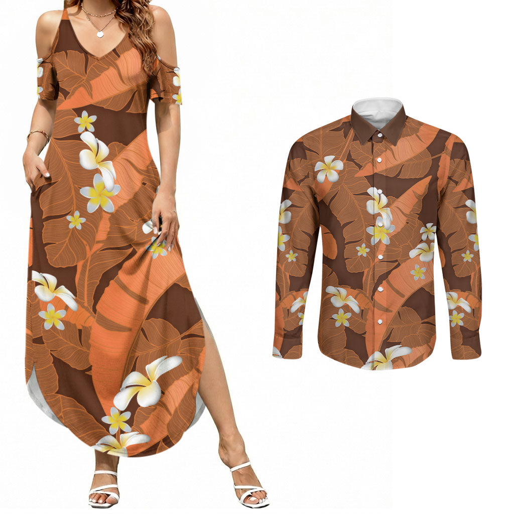 Orange Banana Leaf Hawaii Couples Matching Summer Maxi Dress and Long Sleeve Button Shirt Lau Maia Plumeria Tropical Summer Vibes LT14 Orange - Polynesian Pride