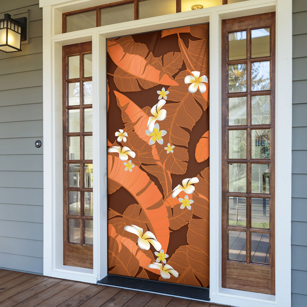 Orange Banana Leaf Hawaii Door Cover Lau Maia Plumeria Tropical Summer Vibes LT14 - Polynesian Pride
