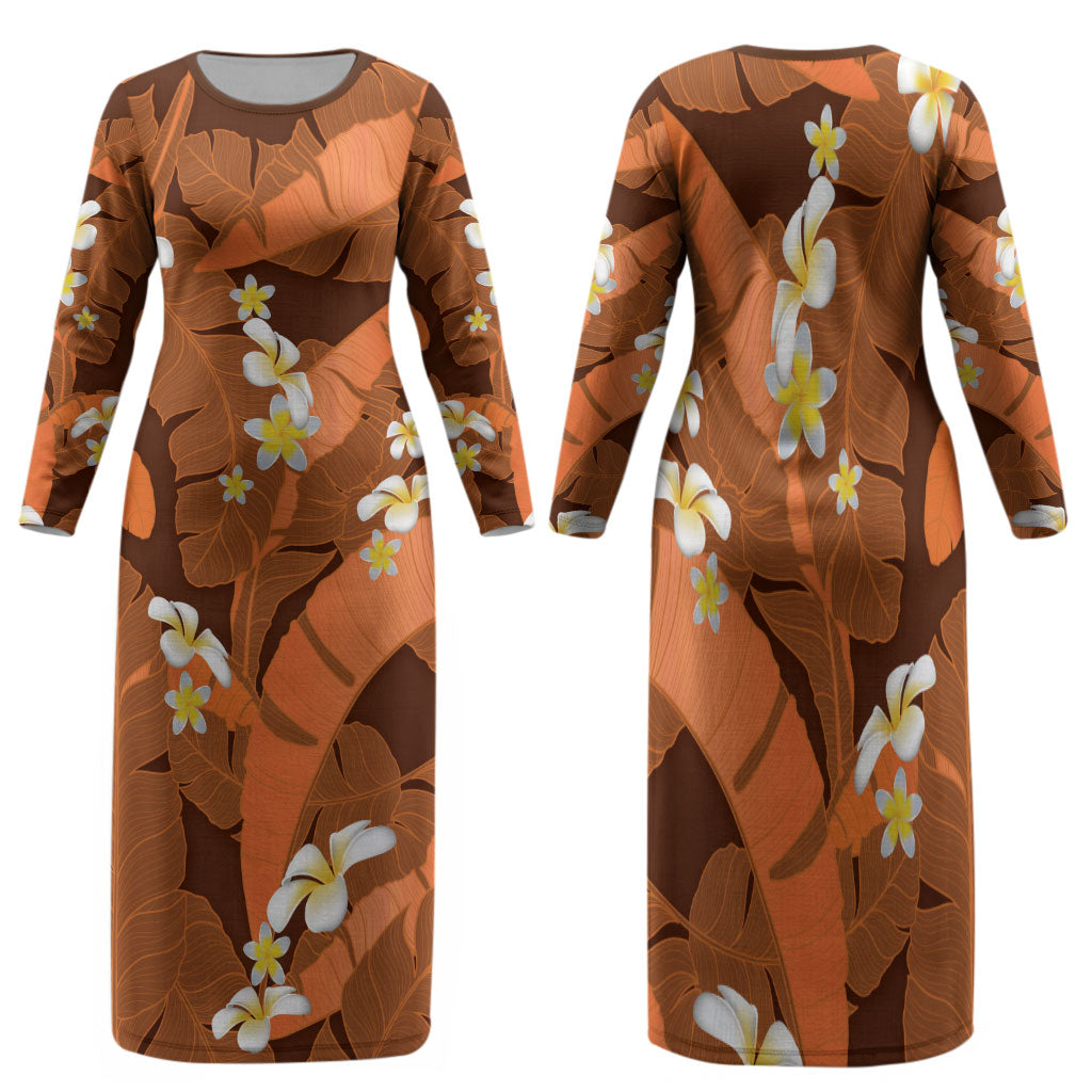 Orange Banana Leaf Hawaii Family Matching Long Sleeve Bodycon Dress and Hawaiian Shirt Lau Maia Plumeria Tropical Summer Vibes LT14 Mom's Dress Orange - Polynesian Pride