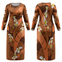 Orange Banana Leaf Hawaii Family Matching Long Sleeve Bodycon Dress and Hawaiian Shirt Lau Maia Plumeria Tropical Summer Vibes LT14 Mom's Dress Orange - Polynesian Pride