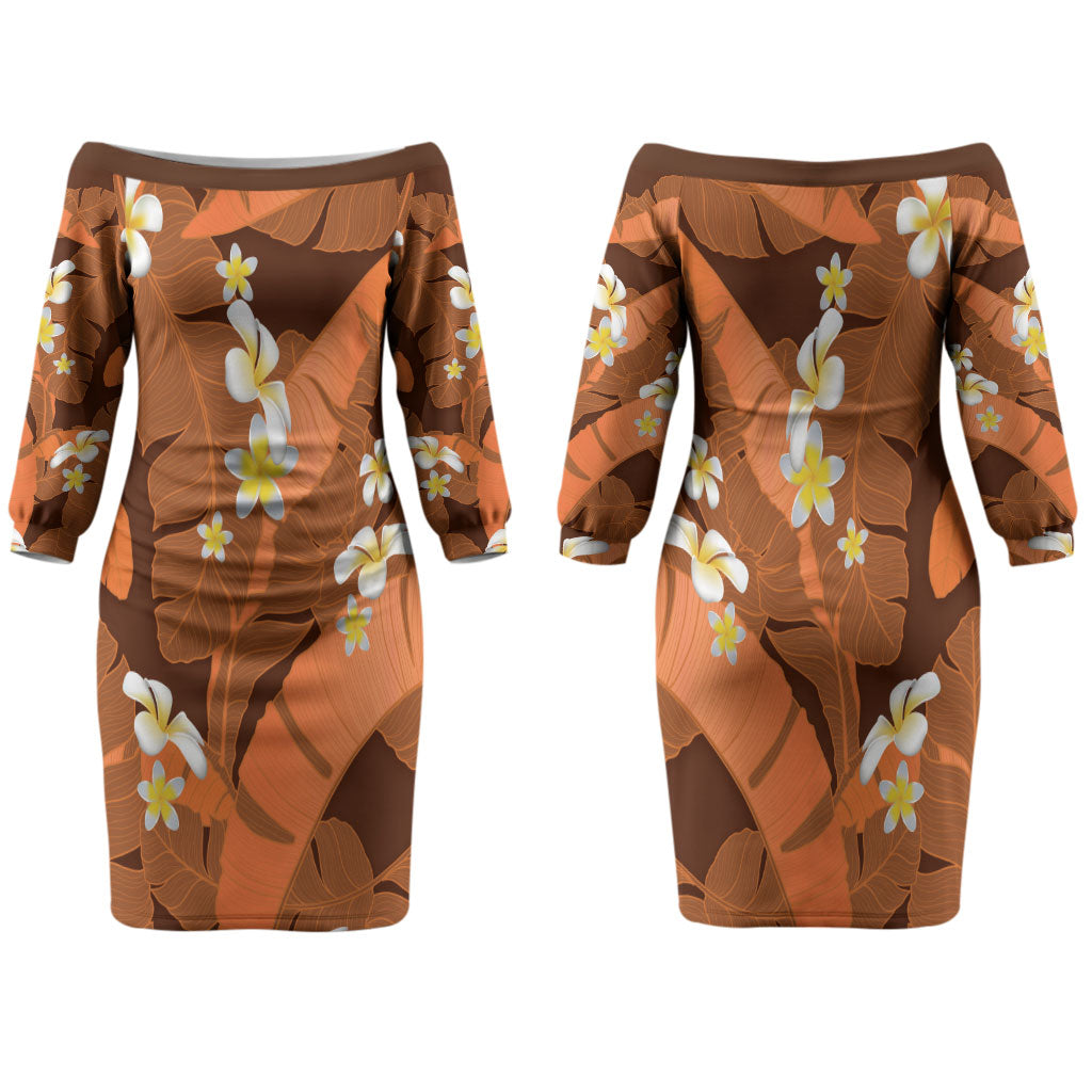 Orange Banana Leaf Hawaii Family Matching Off The Shoulder Long Sleeve Dress and Hawaiian Shirt Lau Maia Plumeria Tropical Summer Vibes LT14 Mom's Dress Orange - Polynesian Pride