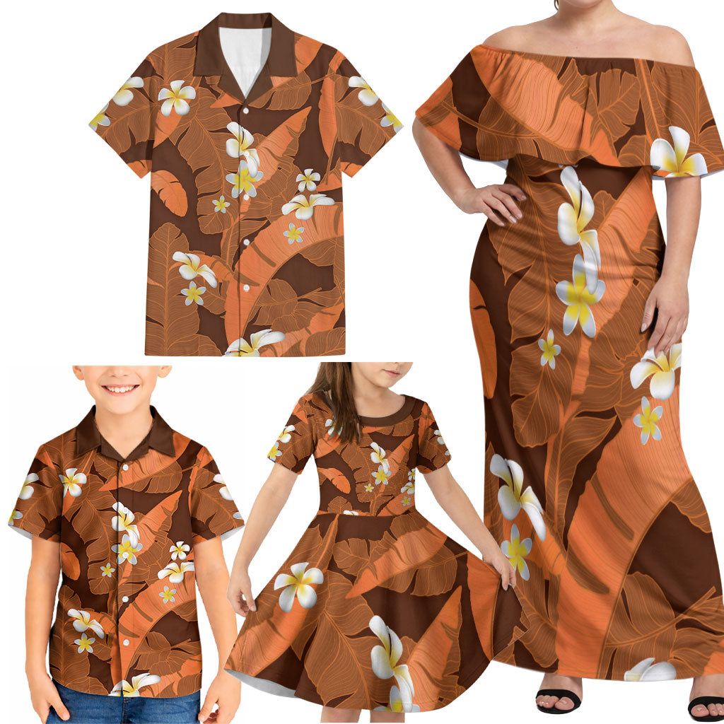 Orange Banana Leaf Hawaii Family Matching Off Shoulder Maxi Dress and Hawaiian Shirt Lau Maia Plumeria Tropical Summer Vibes LT14 - Polynesian Pride