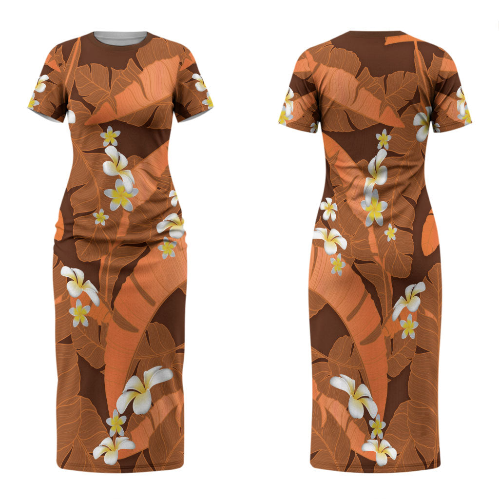 Orange Banana Leaf Hawaii Family Matching Short Sleeve Bodycon Dress and Hawaiian Shirt Lau Maia Plumeria Tropical Summer Vibes LT14 Mom's Dress Orange - Polynesian Pride