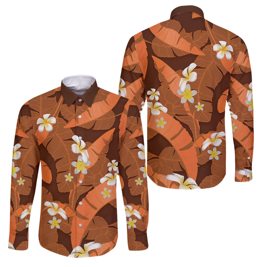 Orange Banana Leaf Hawaii Family Matching Summer Maxi Dress and Hawaiian Shirt Lau Maia Plumeria Tropical Summer Vibes LT14 Dad's Shirt - Long Sleeve Orange - Polynesian Pride