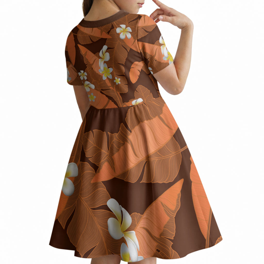 Orange Banana Leaf Hawaii Kid Short Sleeve Dress Lau Maia Plumeria Tropical Summer Vibes