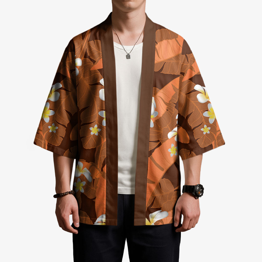 Orange Banana Leaf Hawaii Kimono Lau Maia Plumeria Tropical Summer Vibes LT14 - Polynesian Pride