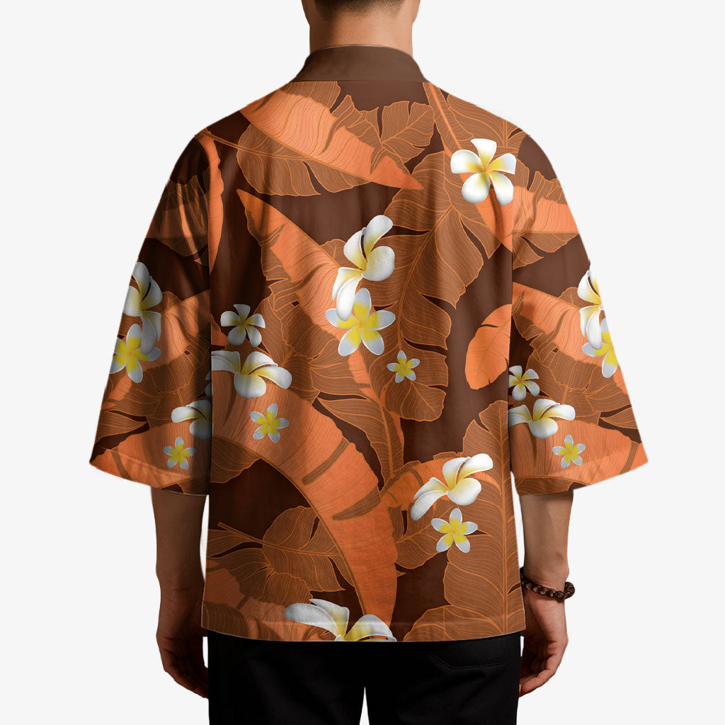 Orange Banana Leaf Hawaii Kimono Lau Maia Plumeria Tropical Summer Vibes LT14 - Polynesian Pride