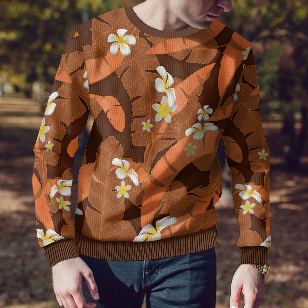 Orange Banana Leaf Hawaii Ugly Christmas Sweater Lau Maia Plumeria Tropical Summer Vibes