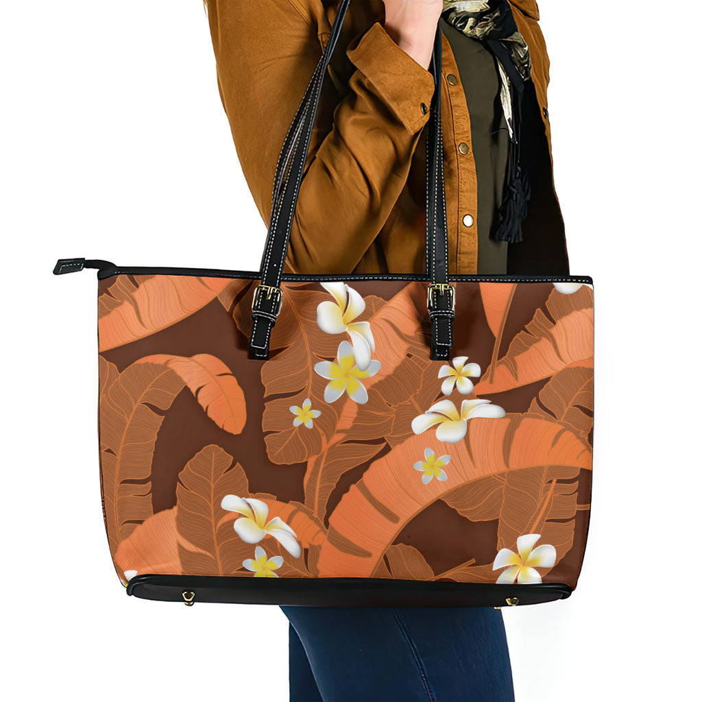 Orange Banana Leaf Hawaii Leather Tote Bag Lau Maia Plumeria Tropical Summer Vibes LT14 - Polynesian Pride