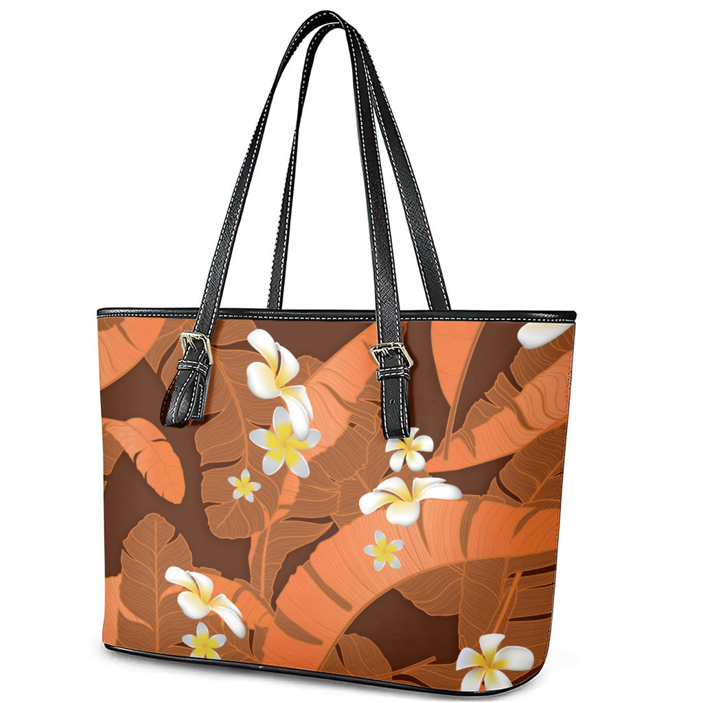 Orange Banana Leaf Hawaii Leather Tote Bag Lau Maia Plumeria Tropical Summer Vibes LT14 - Polynesian Pride