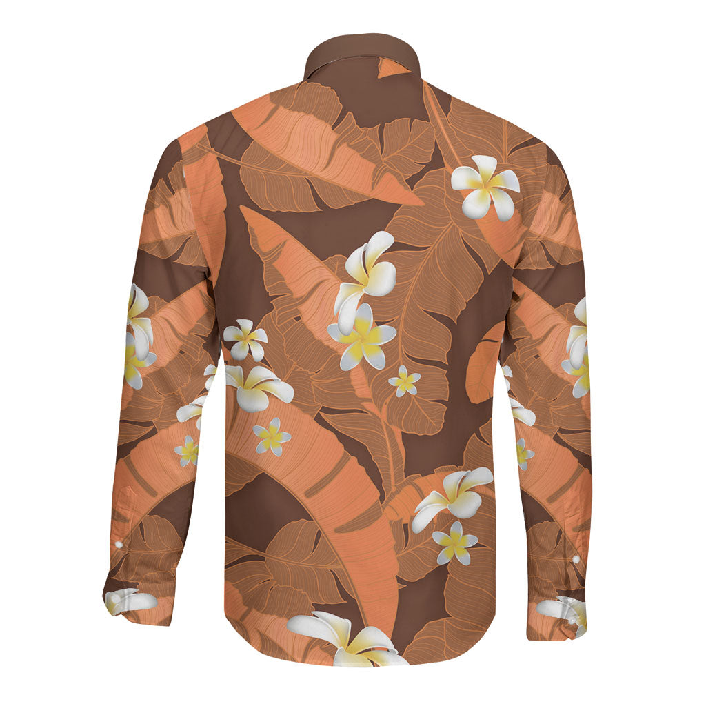 Orange Banana Leaf Hawaii Long Sleeve Button Shirt Lau Maia Plumeria Tropical Summer Vibes LT14 - Polynesian Pride