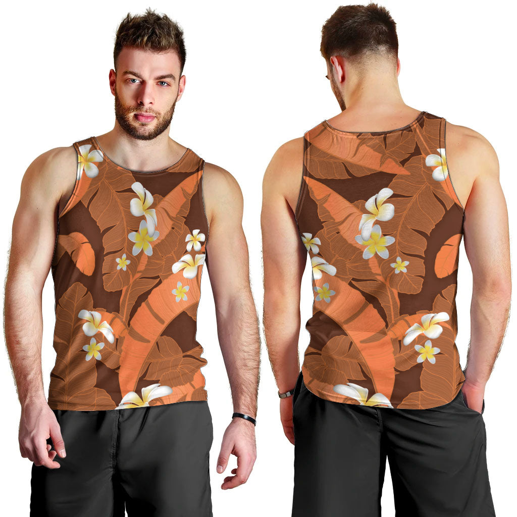 Orange Banana Leaf Hawaii Men Tank Top Lau Maia Plumeria Tropical Summer Vibes LT14 - Polynesian Pride