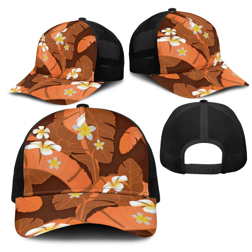Orange Banana Leaf Hawaii Mesh Trucker Cap Lau Maia Plumeria Tropical Summer Vibes LT14 - Polynesian Pride