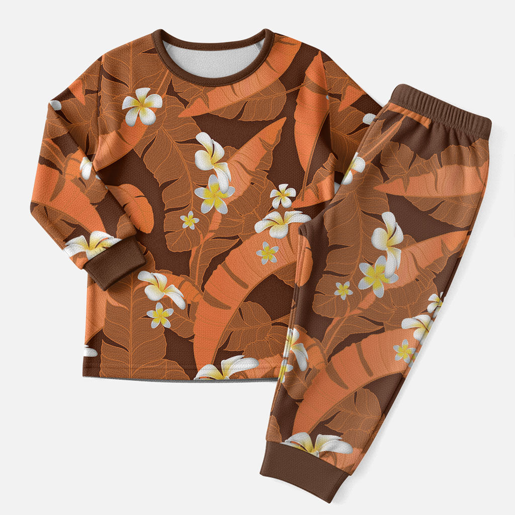 Orange Banana Leaf Hawaii Christmas Pajama Set Lau Maia Plumeria Tropical Summer Vibes