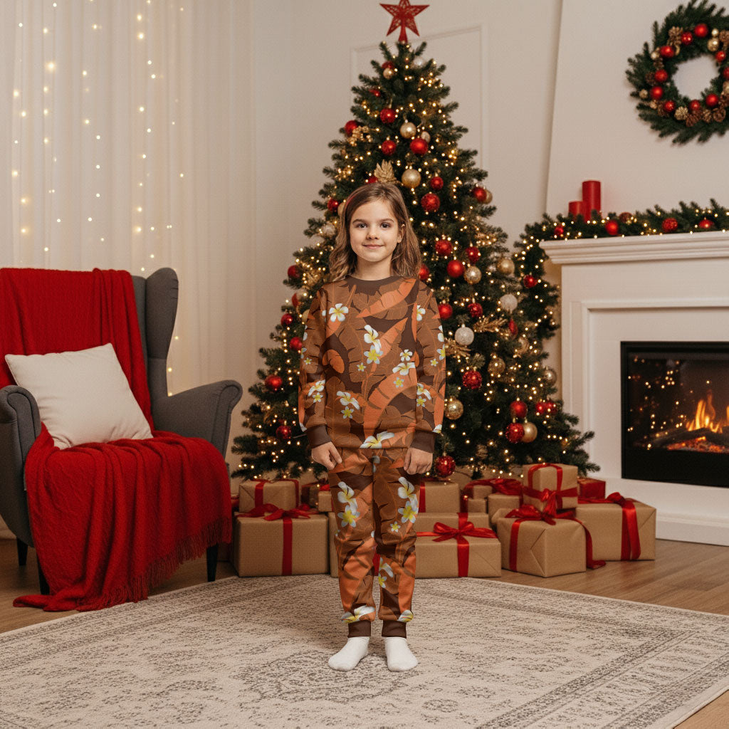 Orange Banana Leaf Hawaii Christmas Pajama Set Lau Maia Plumeria Tropical Summer Vibes