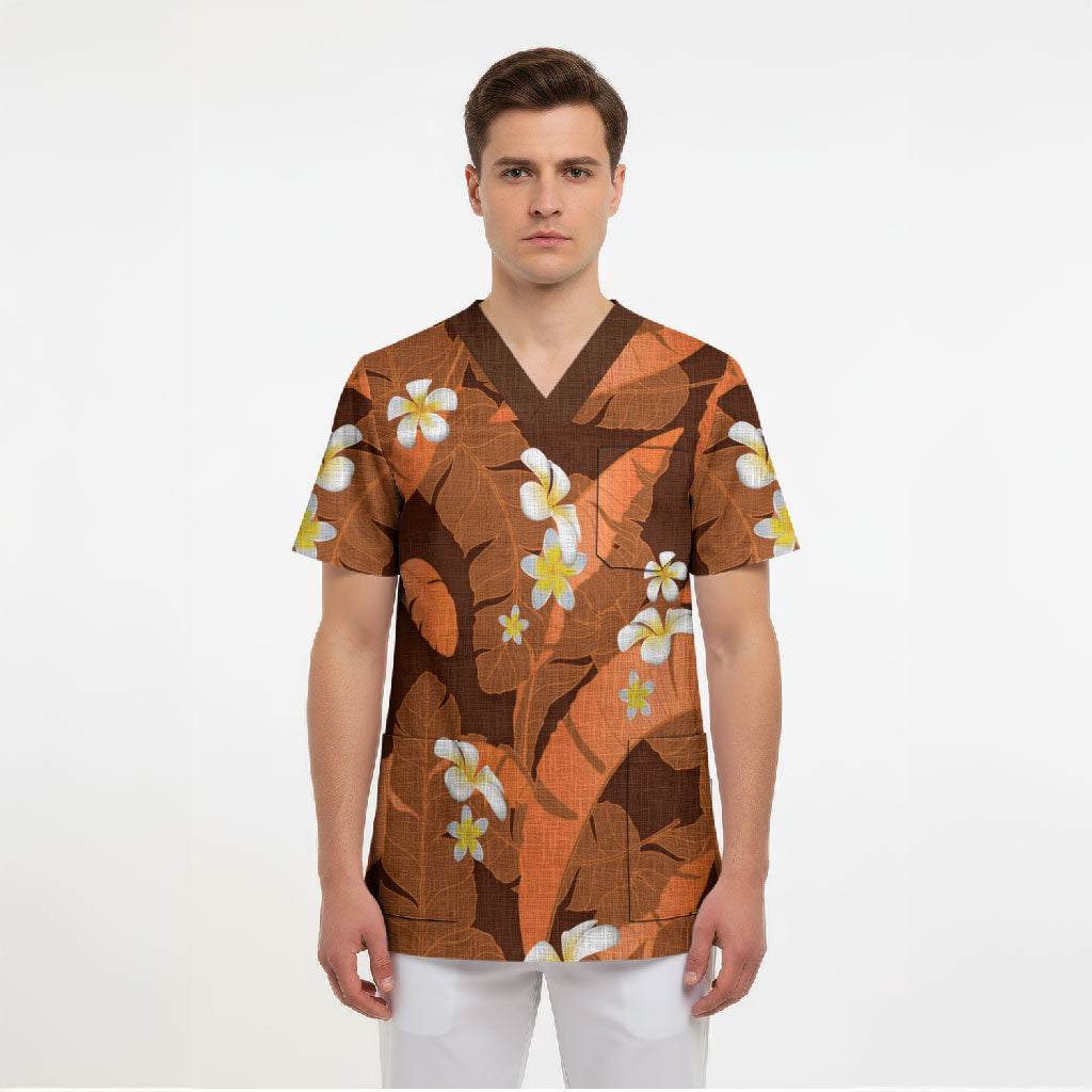 Orange Banana Leaf Hawaii Scrub Top Lau Maia Plumeria Tropical Summer Vibes LT14 - Polynesian Pride