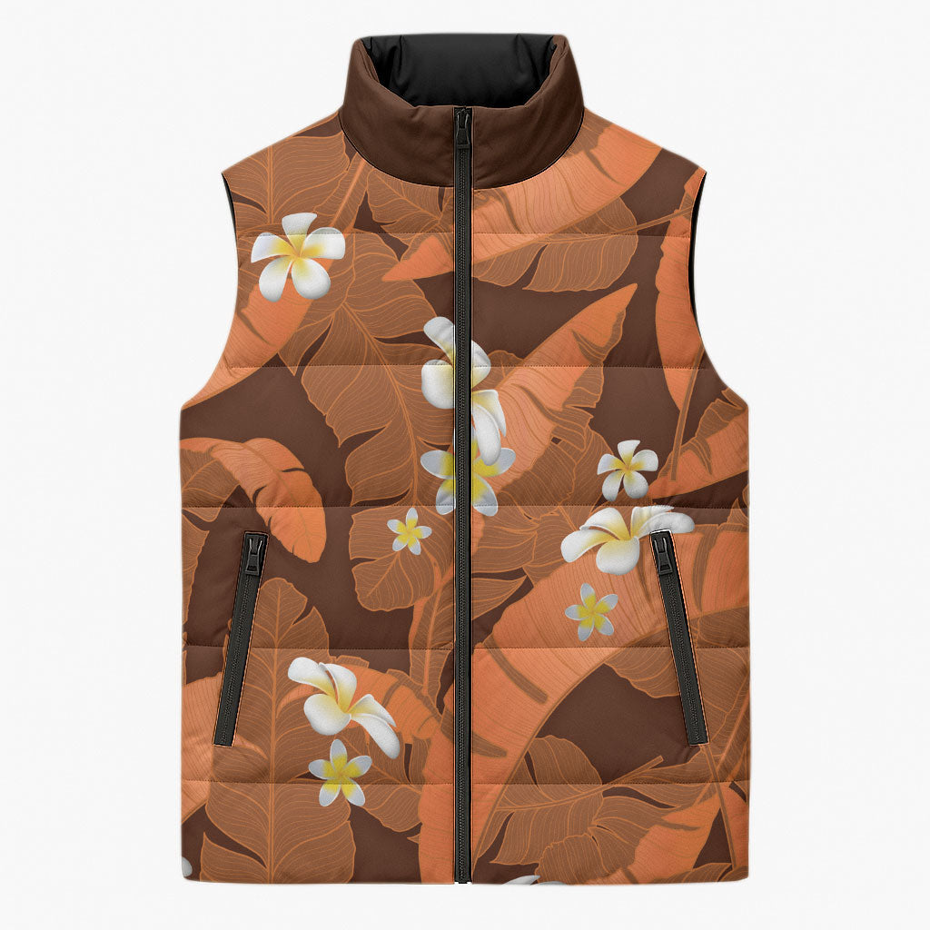Orange Banana Leaf Hawaii Sleeveless Puffer Jacket Lau Maia Plumeria Tropical Summer Vibes LT14 Unisex Orange - Polynesian Pride