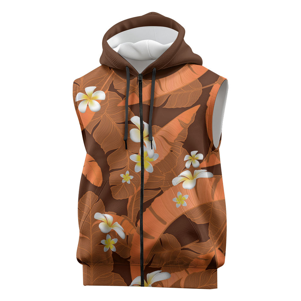 Orange Banana Leaf Hawaii Sleeveless Zip Hoodie Lau Maia Plumeria Tropical Summer Vibes LT14 Orange - Polynesian Pride