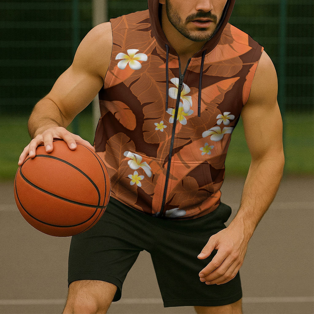 Orange Banana Leaf Hawaii Sleeveless Zip Hoodie Lau Maia Plumeria Tropical Summer Vibes LT14 - Polynesian Pride