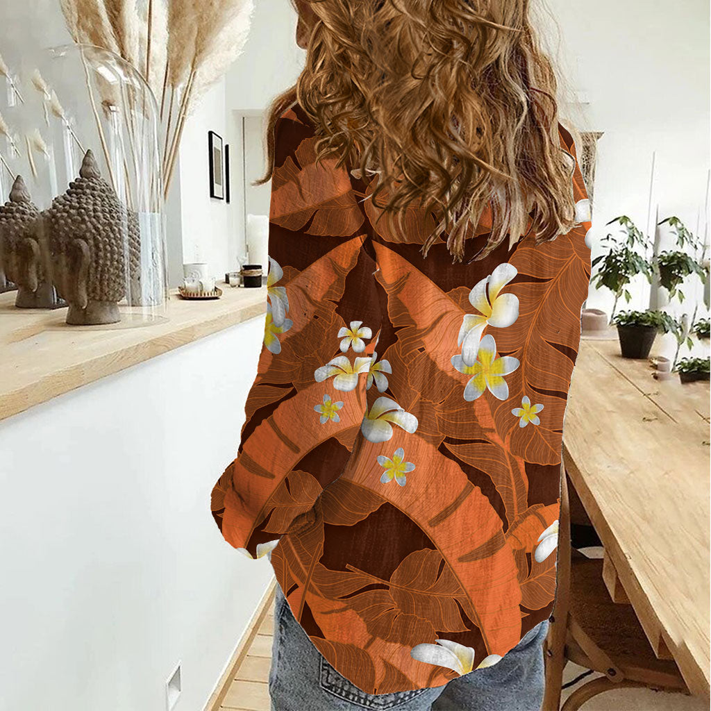 Orange Banana Leaf Hawaii Women Casual Shirt Lau Maia Plumeria Tropical Summer Vibes LT14 - Polynesian Pride