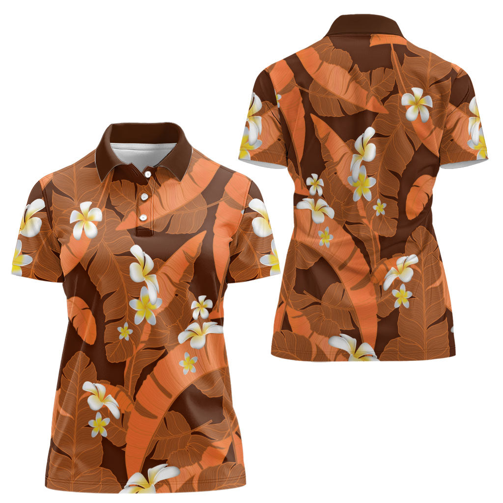 Orange Banana Leaf Hawaii Women Polo Shirt Lau Maia Plumeria Tropical Summer Vibes LT14 - Polynesian Pride
