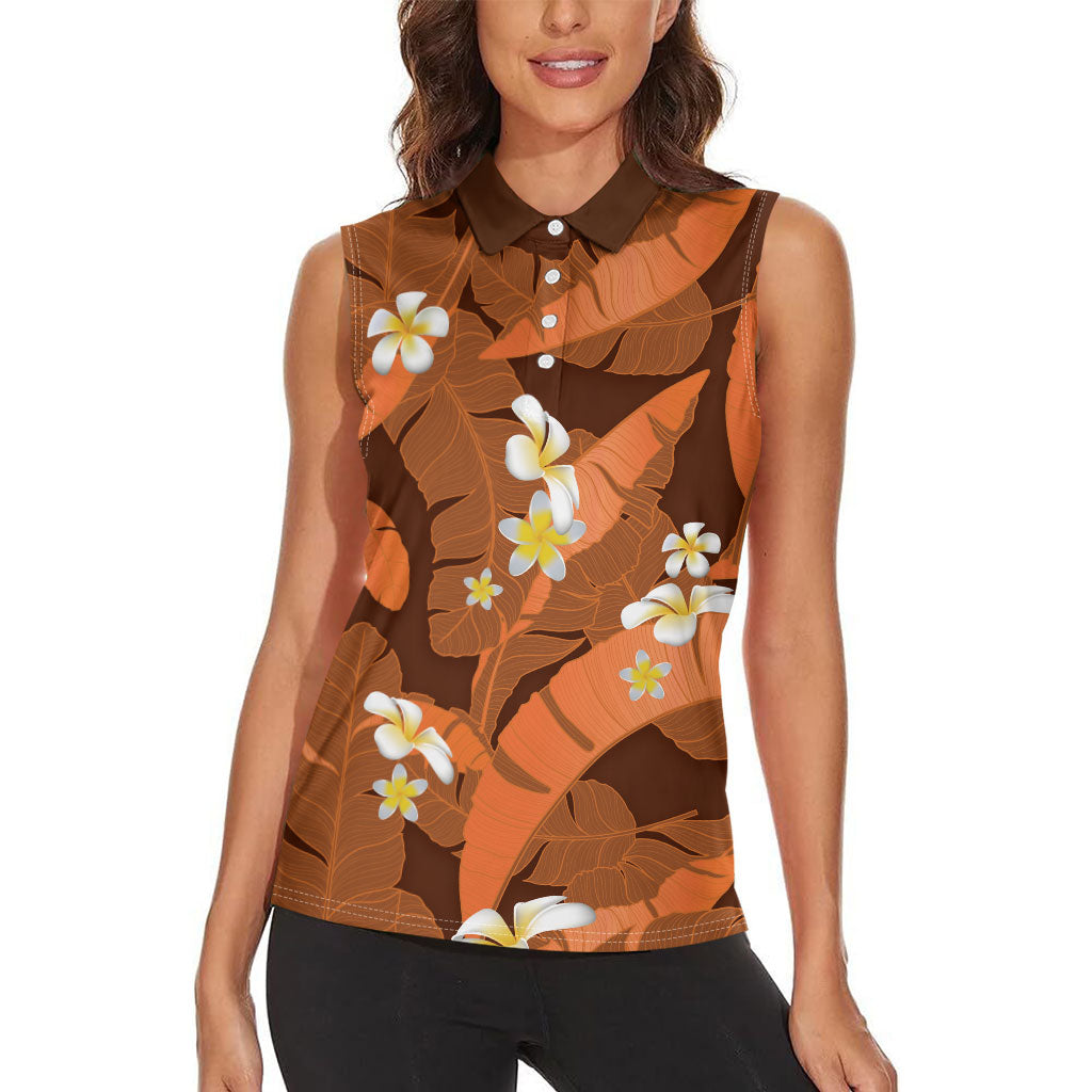 Orange Banana Leaf Hawaii Women Sleeveless Polo Shirt Lau Maia Plumeria Tropical Summer Vibes LT14 - Polynesian Pride