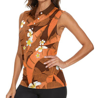 Orange Banana Leaf Hawaii Women Sleeveless Polo Shirt Lau Maia Plumeria Tropical Summer Vibes LT14 - Polynesian Pride