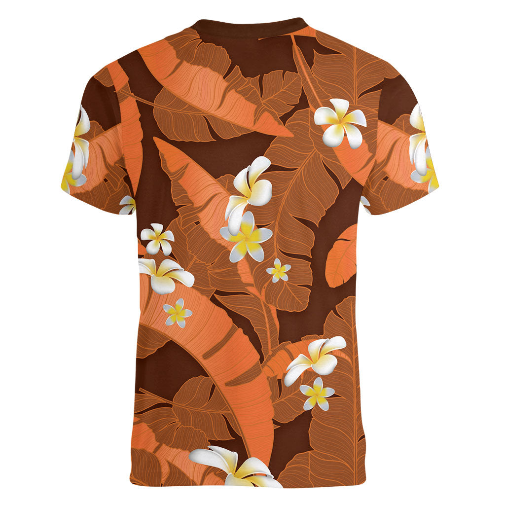 Orange Banana Leaf Hawaii Women V-Neck T-Shirt Lau Maia Plumeria Tropical Summer Vibes LT14 - Polynesian Pride