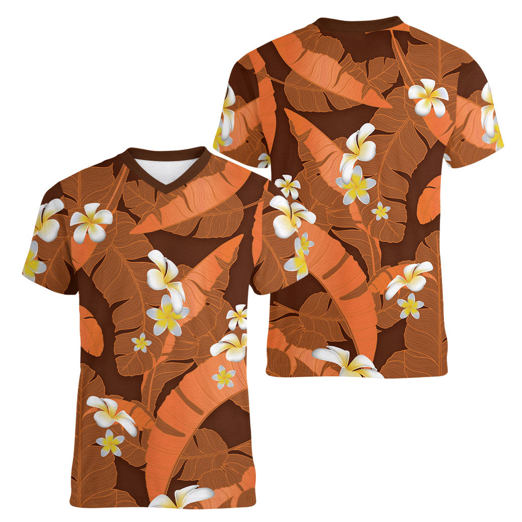 Orange Banana Leaf Hawaii Women V-Neck T-Shirt Lau Maia Plumeria Tropical Summer Vibes LT14 - Polynesian Pride