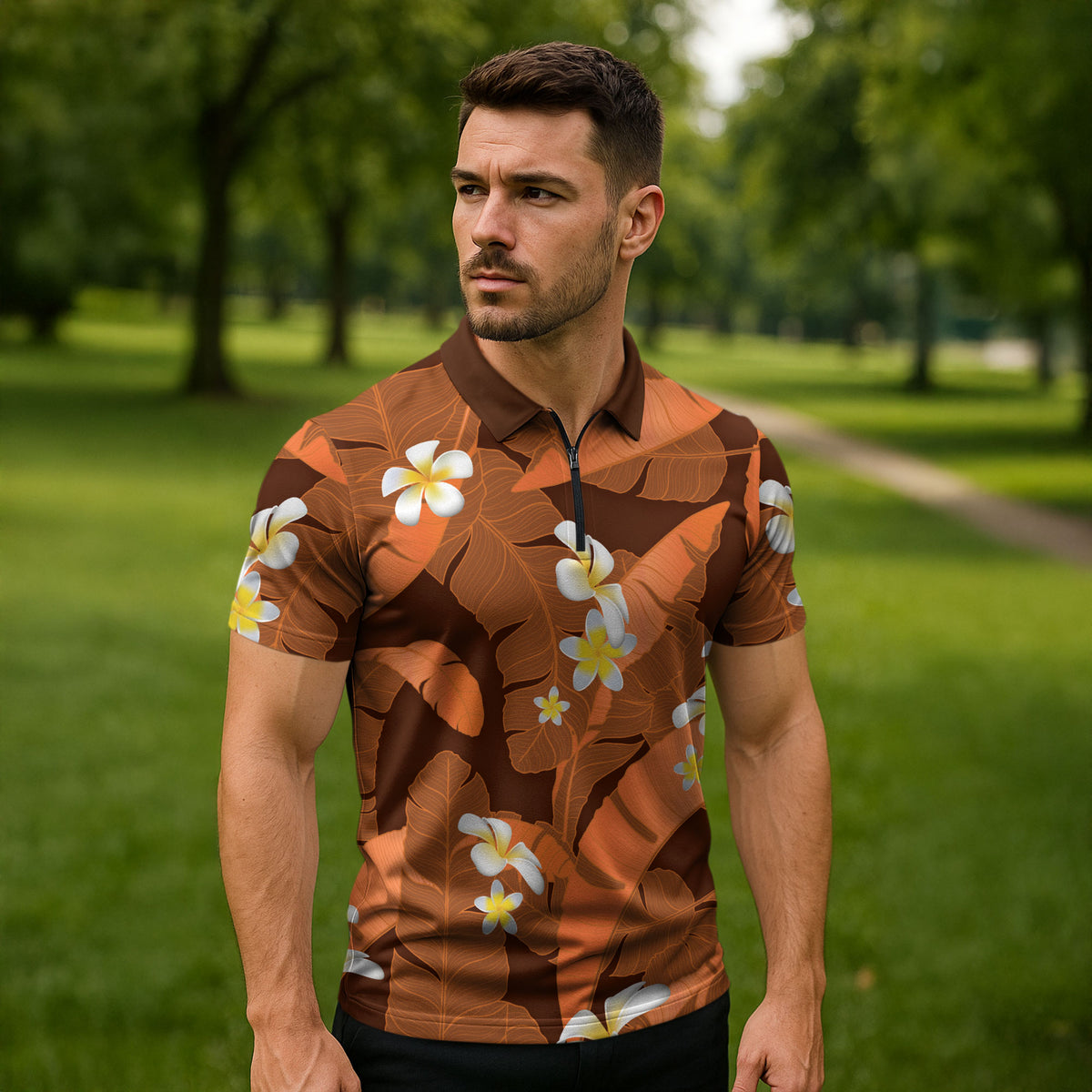 Orange Banana Leaf Hawaii Zipper Polo Shirt Lau Maia Plumeria Tropical Summer Vibes LT14 - Polynesian Pride