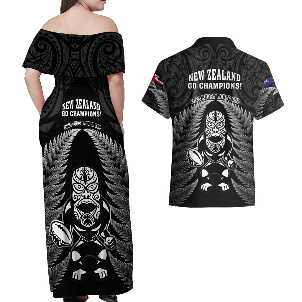 New Zealand Aotearoa Rugby Couples Matching Off Shoulder Maxi Dress and Hawaiian Shirt NZ Tiki With Maori Fern World Cup Black Version LT14 - Polynesian Pride