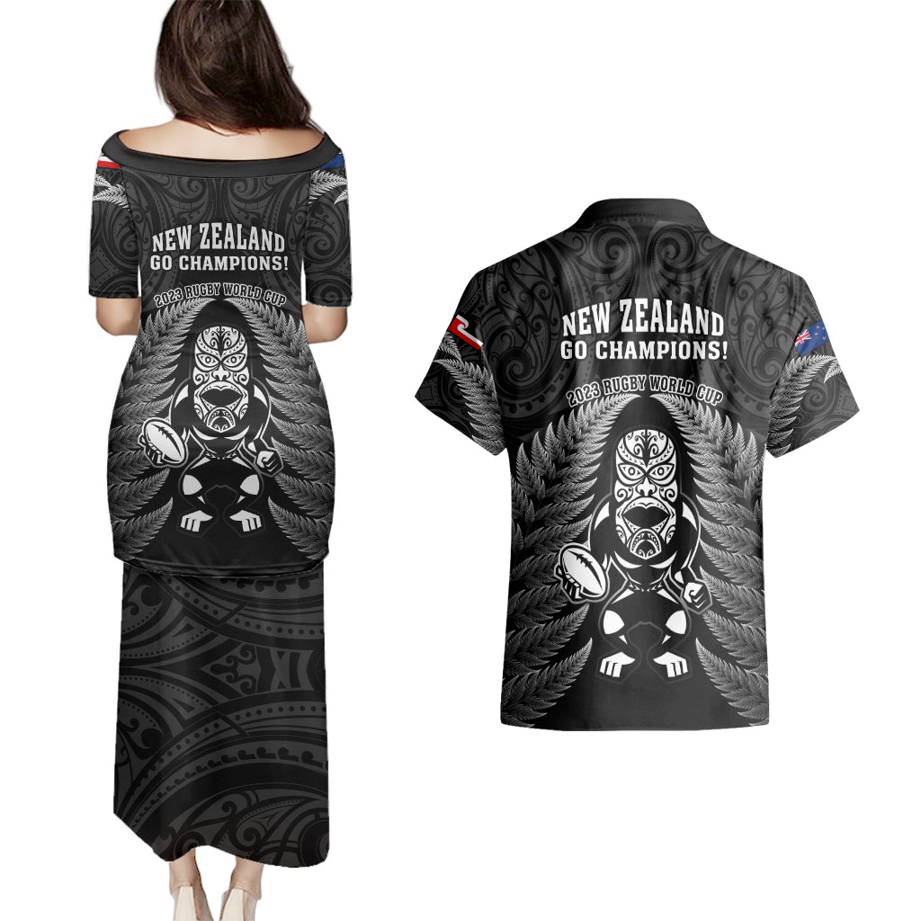 New Zealand Aotearoa Rugby Couples Matching Puletasi Dress and Hawaiian Shirt NZ Tiki With Maori Fern World Cup Black Version LT14 - Polynesian Pride
