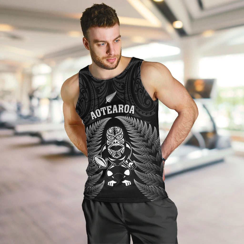 New Zealand Aotearoa Rugby Men Tank Top NZ Tiki With Maori Fern World Cup Black Version LT14 - Polynesian Pride