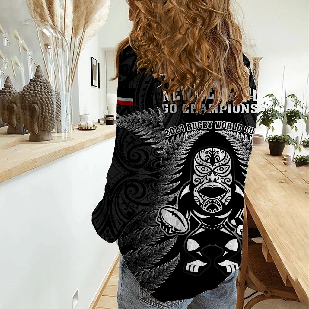 New Zealand Aotearoa Rugby Women Casual Shirt NZ Tiki With Maori Fern World Cup Black Version LT14 - Polynesian Pride