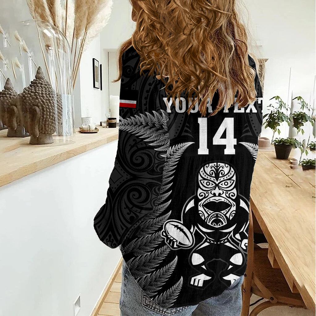 Custom New Zealand Aotearoa Rugby Women Casual Shirt NZ Tiki With Maori Fern World Cup Black Version LT14 - Polynesian Pride