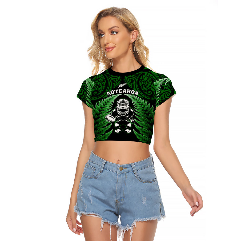 New Zealand Aotearoa Rugby Raglan Cropped T Shirt NZ Tiki With Maori Fern World Cup Green Version LT14 Female Green - Polynesian Pride